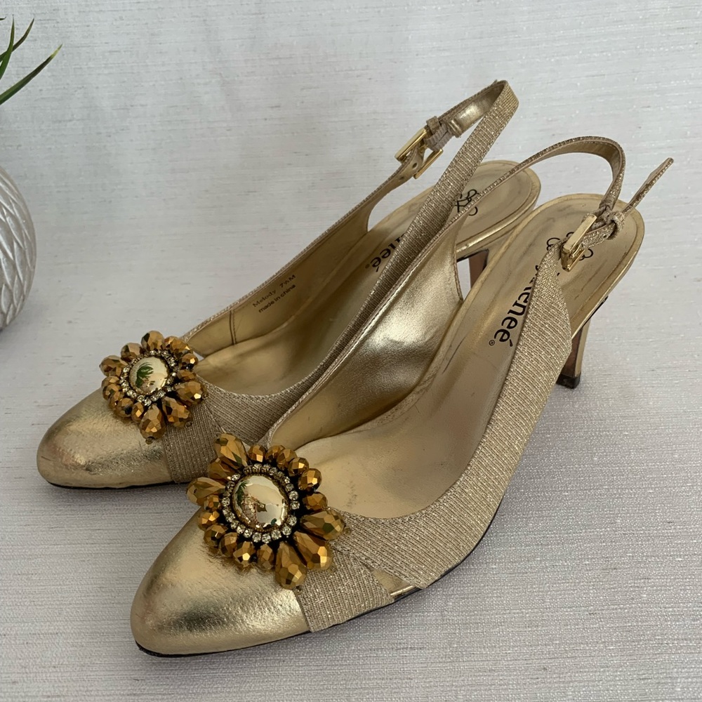 J.Renee Melody Gold Ornamental Rhinestones Formal Sling Back Pumps Woman’s 7.5M